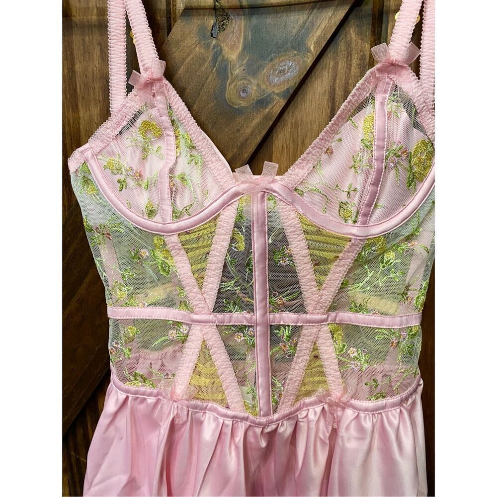 For Love & Lemons Pink Floral Corset Slip Mini Dress Lingerie Sz XXS - Picture 3 of 10